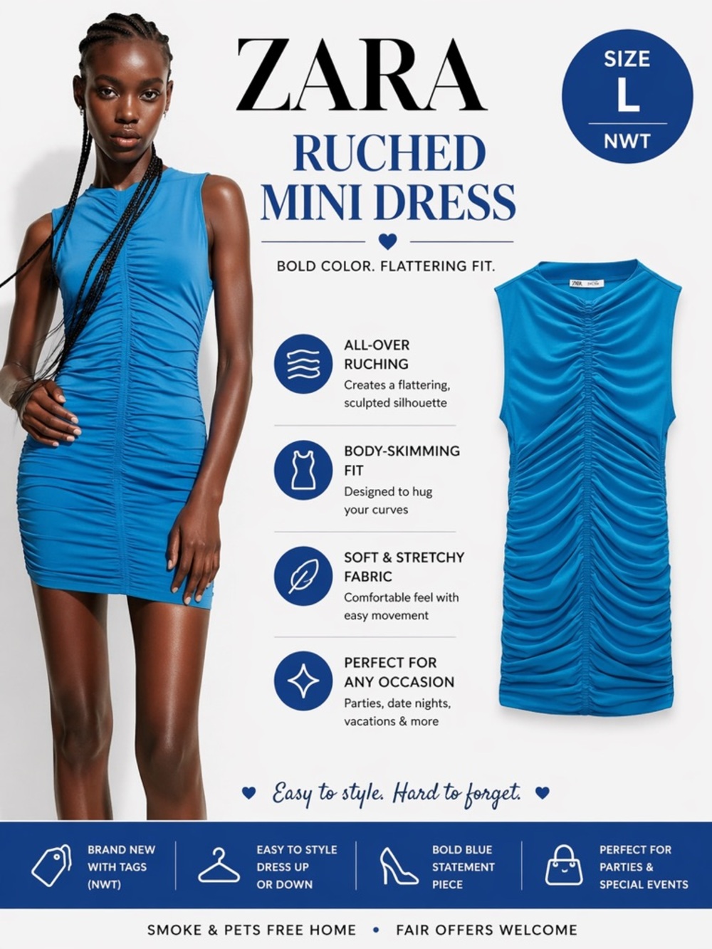 ZARA Blue Ruched Mini Dress NWT Size L Sleeveless